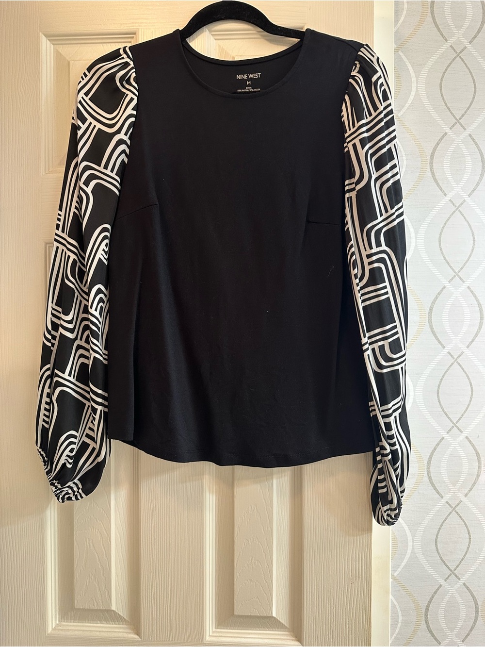 Nine West Black Knit Top with Graphic Black-and-White Puff Sleeves